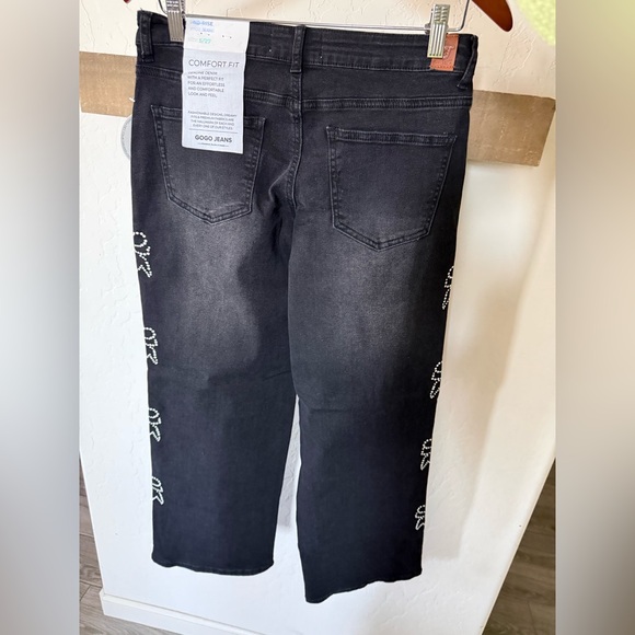 GOGO Jeans|Black Wide Leg Jeans with Pearl White Embroidered bows,Balletcore••• - Picture 9 of 16